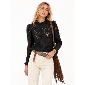 Boho Sheer Lace Blouse Womens M‎ Black Floral Boho Ruffle Dark Romantic Feminine